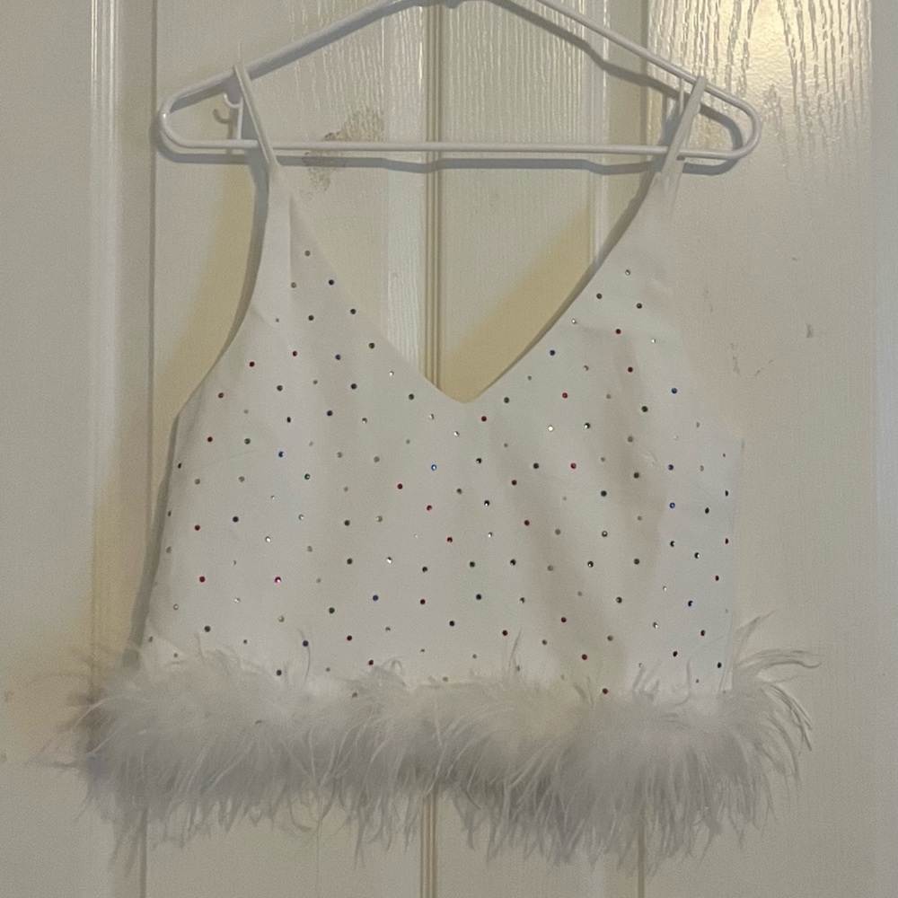 Size small cropped tank top with feathers and multi-color gems